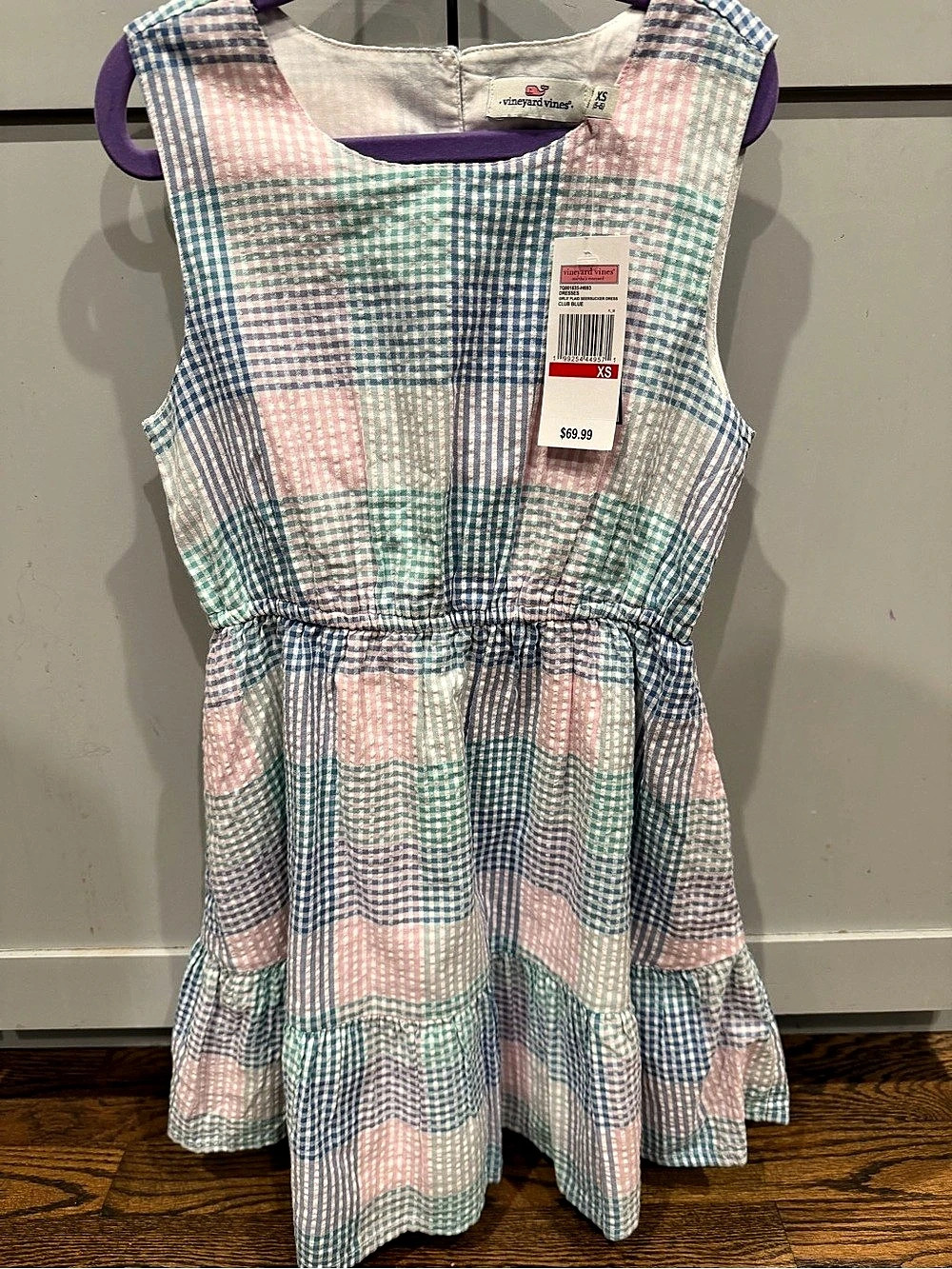 vineyard vines Girls Plaid Seersucker Dress Blue & Pink Girls XS